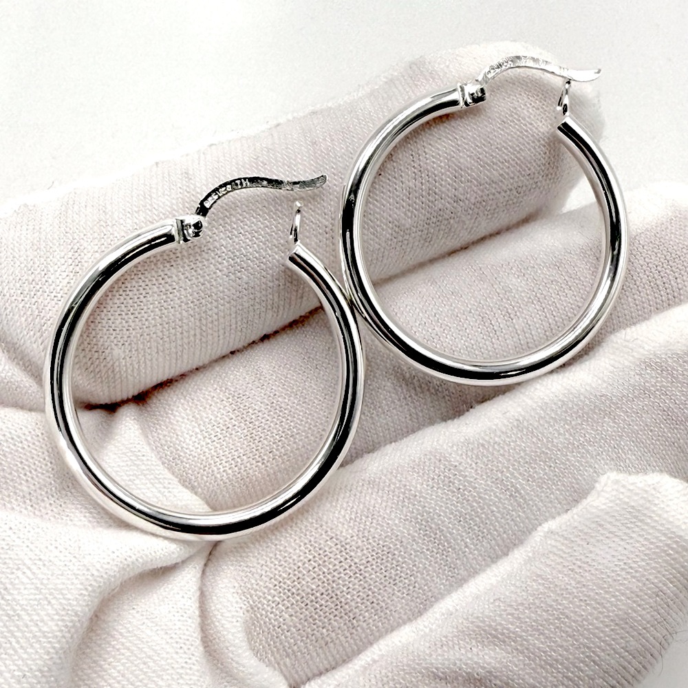 .925 Sterling Silver 3mm x 30mm Tube Hoop Earrings - Picture 2 of 13